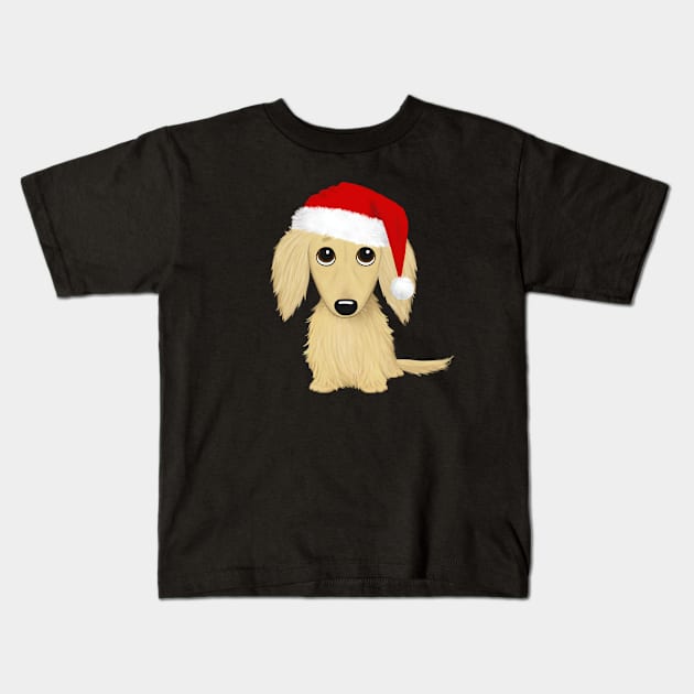 Longhaired Cream Dachshund with Santa Hat Cute Dog Christmas Kids T-Shirt by Coffee Squirrel